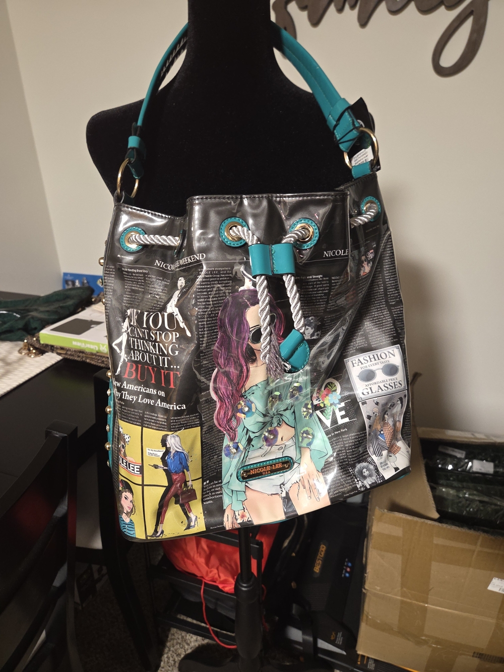 Nicole Lee Teal Graphic Drawstring Bucket Bag